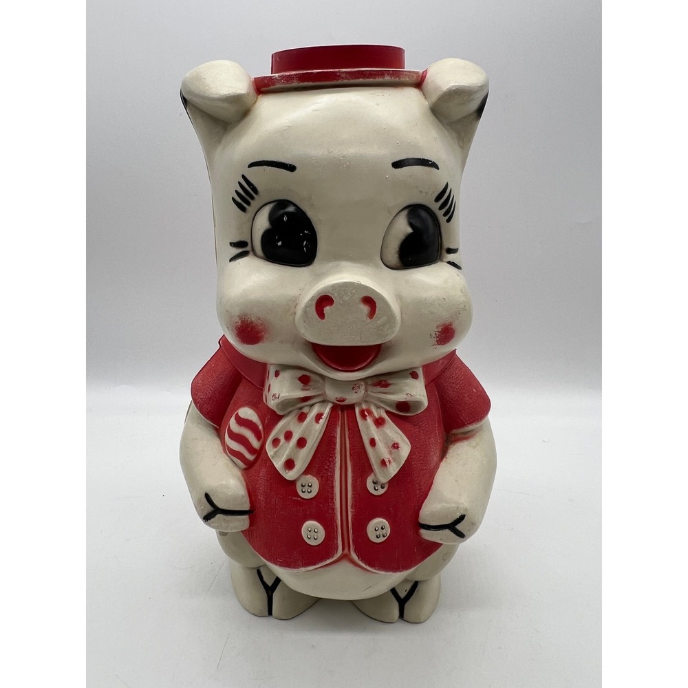 Vintage Carnival Prize Pig Coin Bank Retro Kitsch Americana Red White Acrylic